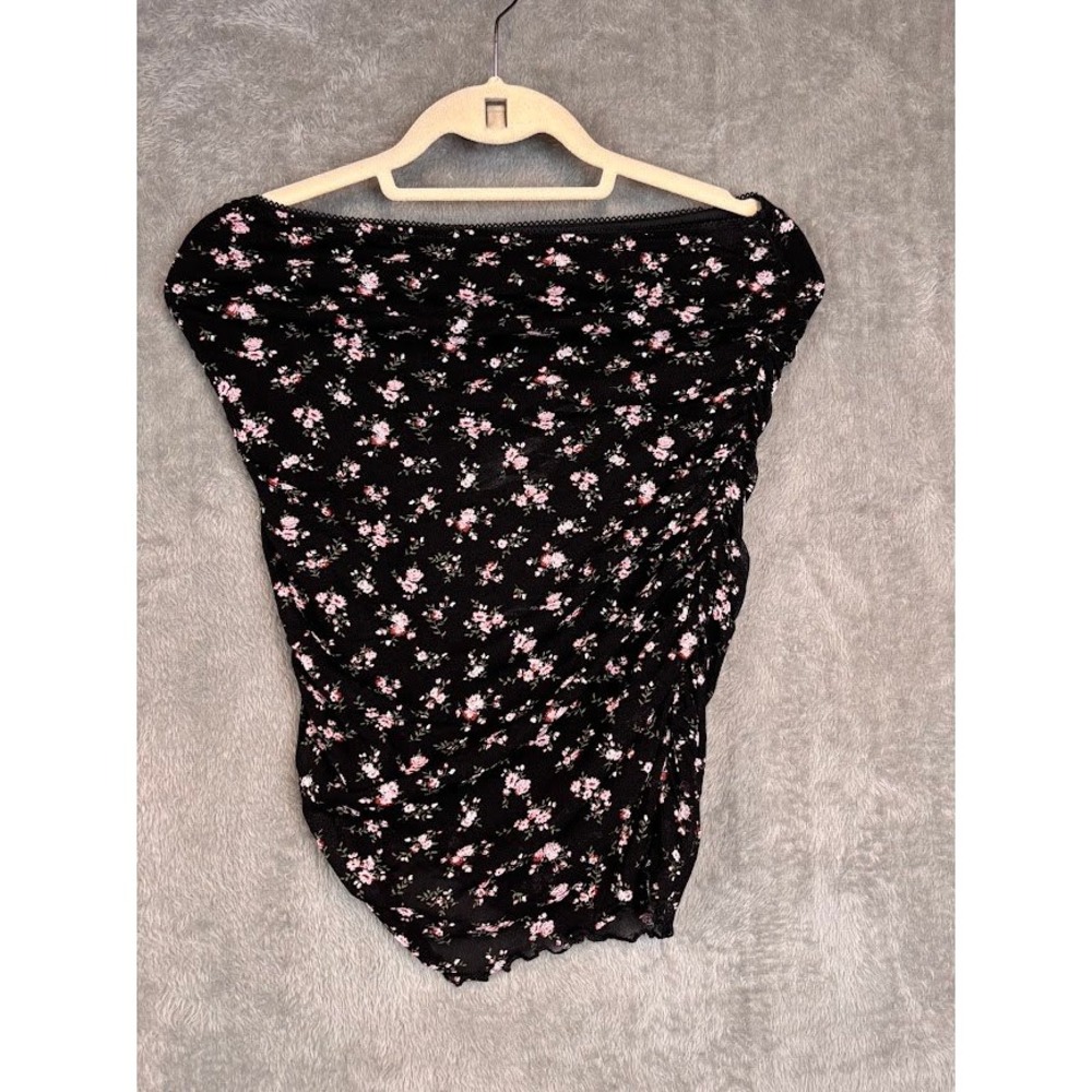 ASOS DESIGN Black Pink Floral Mesh Ruched Tube‎ Top Strapless Size 10 Lined Lace